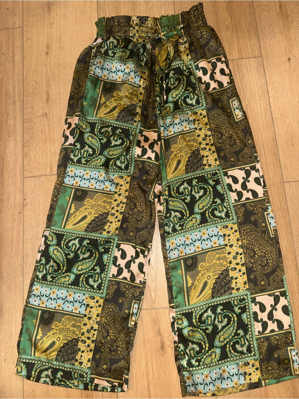 Free People Green Paisley Patchwork Wide-Leg Pants